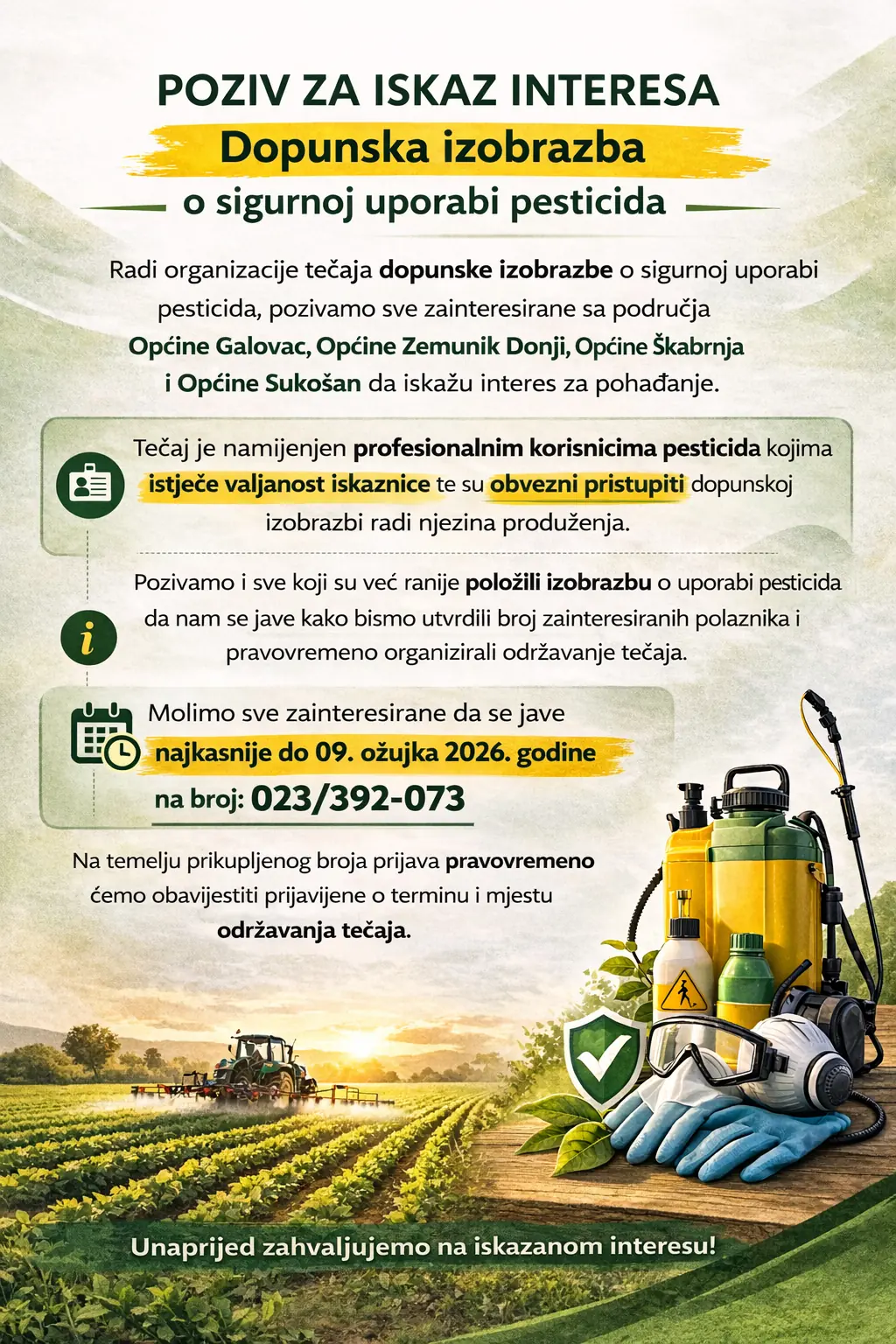 Poziv poljoprivrednicima za iskaz interesa: Organizira se dopunska izobrazba o sigurnoj uporabi pesticida za područje Sukošana i susjednih općina