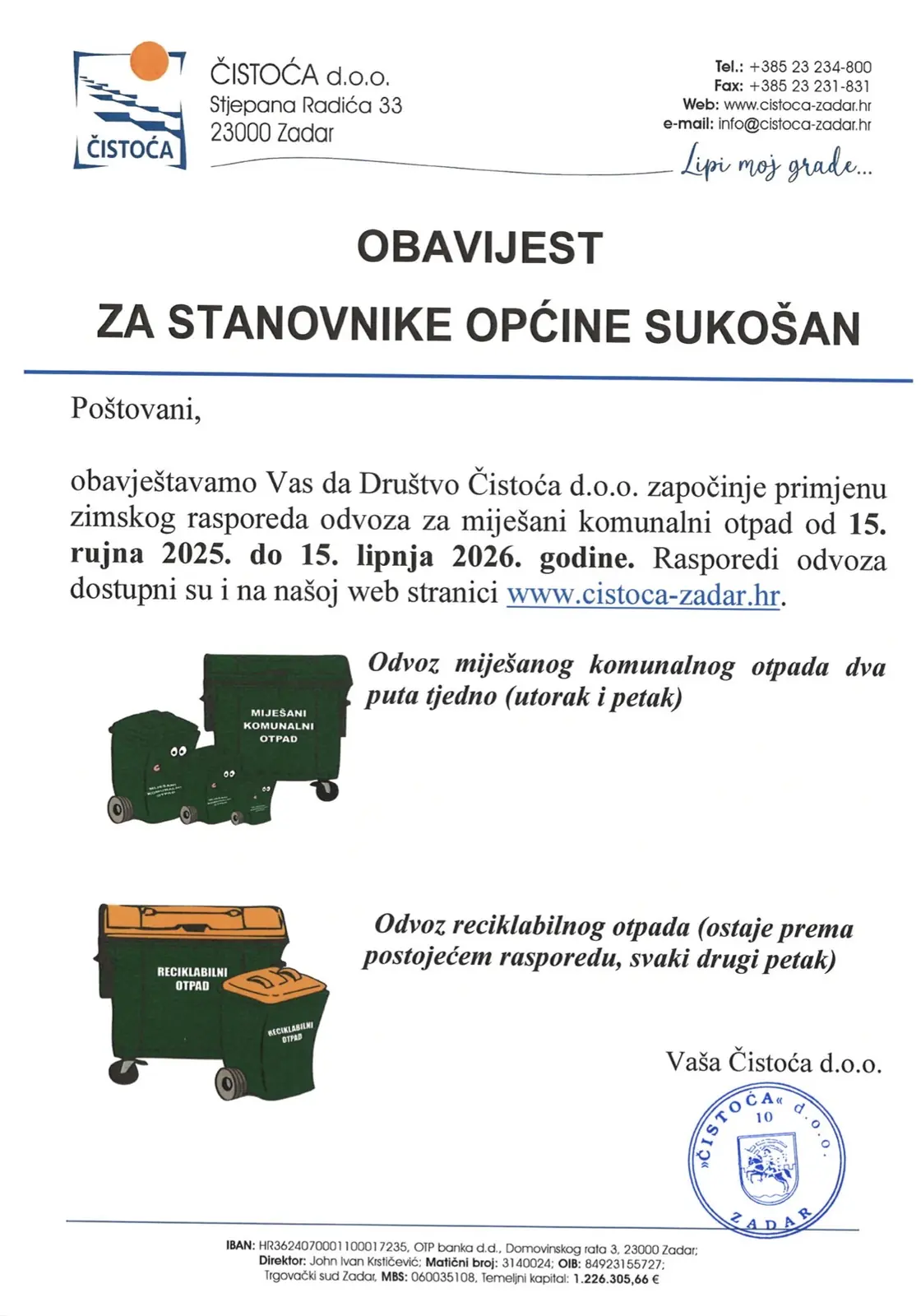 Obavijest o zimskom rasporedu odvoza otpada u Općini Sukošan